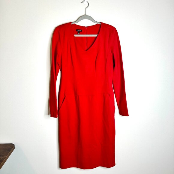 Talbots Red Sheath Drop Waist Classic Career Dress Modest 3/4 Sleeve V-Neck Sz 8 - Picture 1 of 5